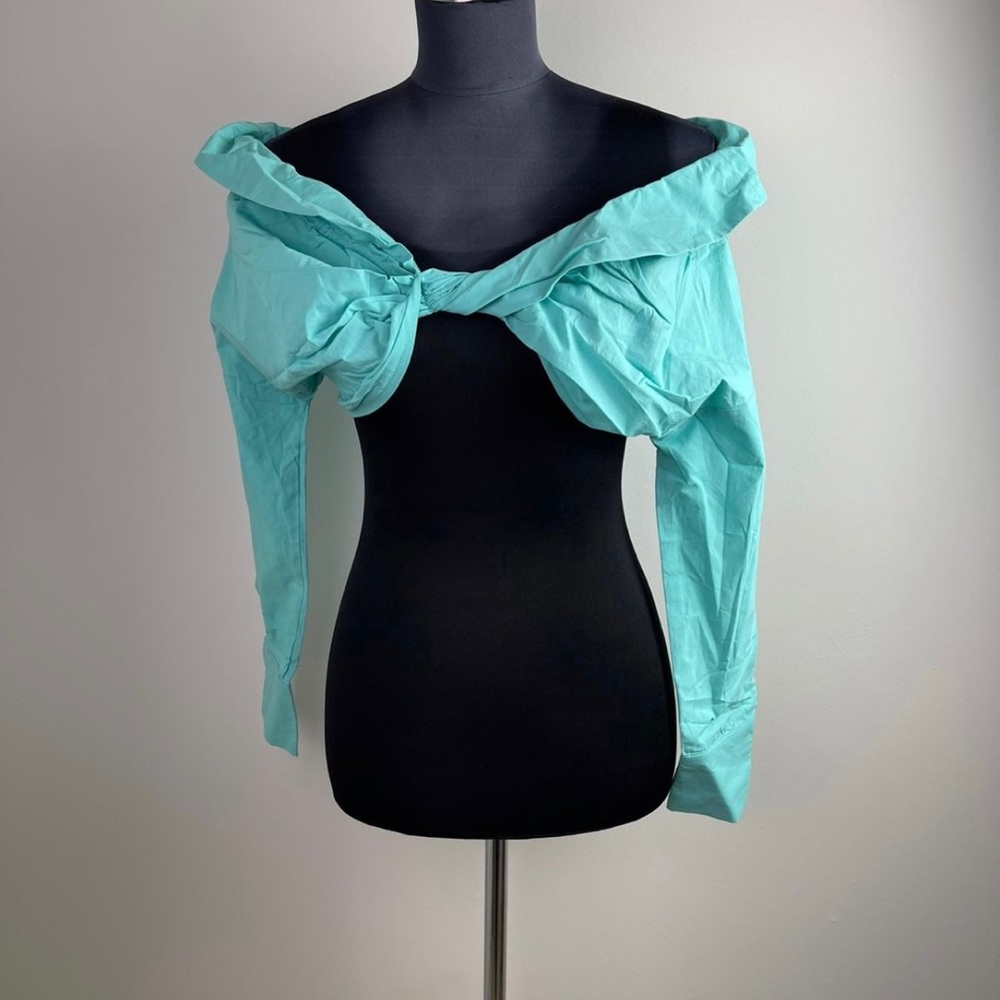 Long Sleeve Twisted Front Cropped Off Shoulder Teal Blouse